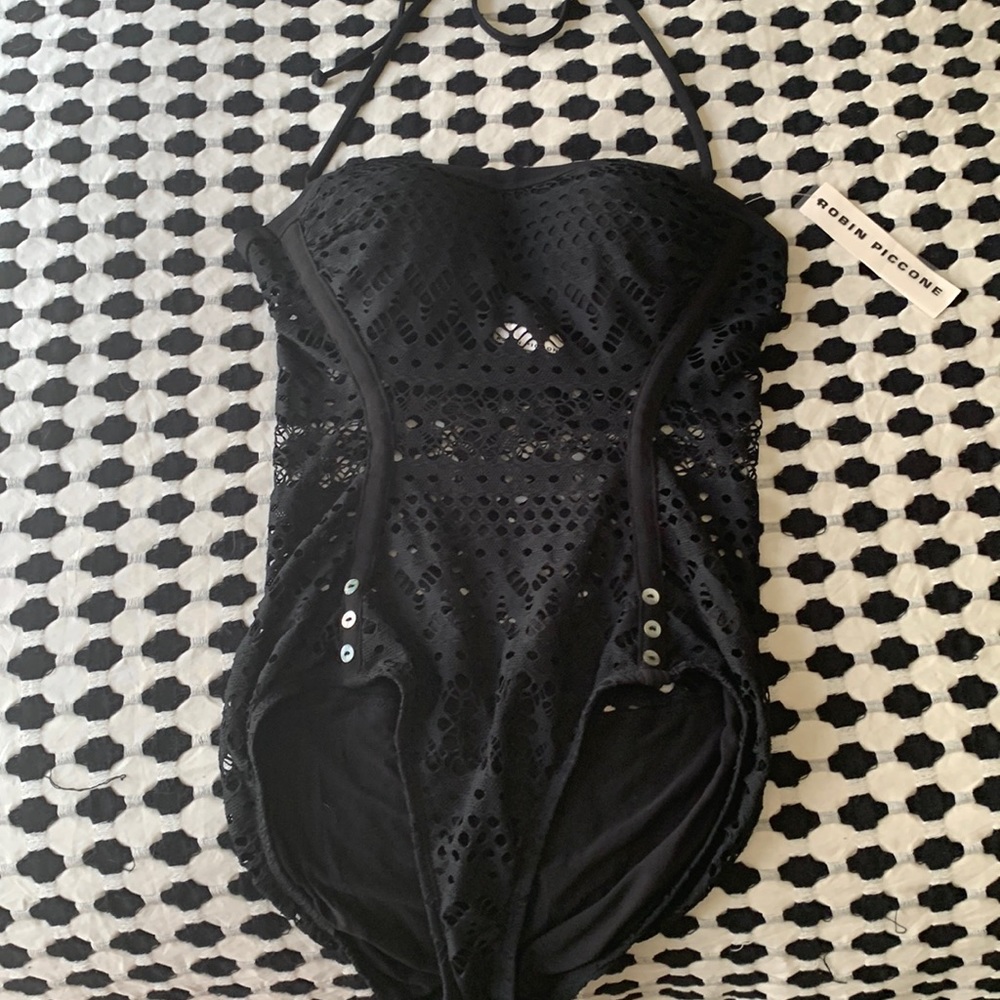BNWT Robin Piccone black lace style bathing suit one piece size 8 with halter
